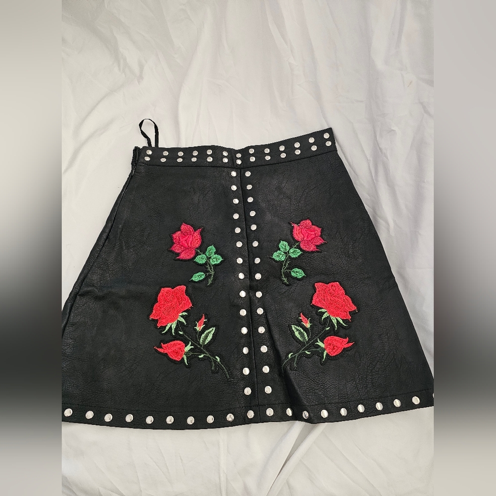 Embroidered Black Skirt with Red Floral Design